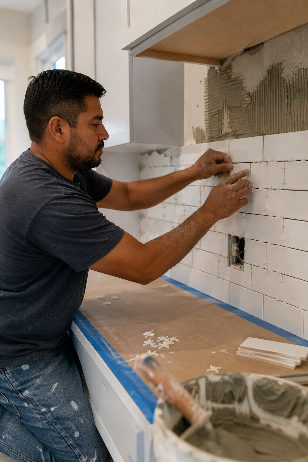 Tile professional preparing a residential interior during a flooring project